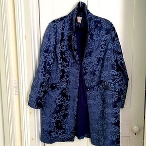 Chicos. Size 2. Single breasted walking coat. Indigo/ navy brocade.